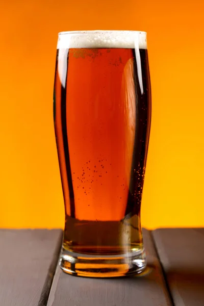 Glass Mug Beer Wooden Table Orange Background — Stock Photo, Image