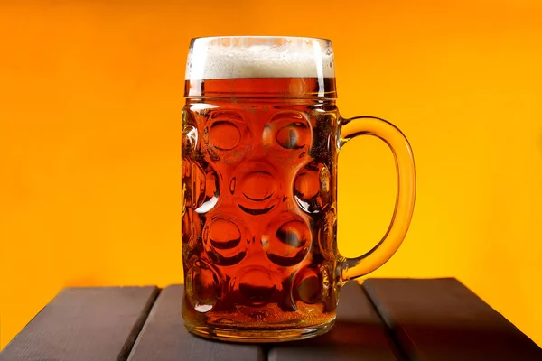 Glass Mug Beer Wooden Table Orange Background — Stock Photo, Image