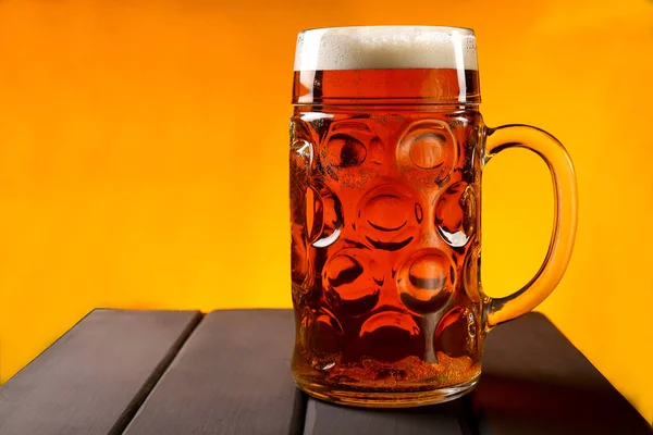 Glass Mug Beer Wooden Table Orange Background — Stock Photo, Image