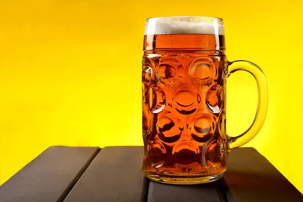 Glass Mug Beer Wooden Table Yellow Background — Stock Photo, Image