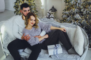 Birbirimize, Noel, yeni yıl ağacı yakınındaki kanepede oturan hafifçe gülümseyerek aşık bir çift