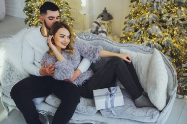 Birbirimize, Noel, yeni yıl ağacı yakınındaki kanepede oturan hafifçe gülümseyerek aşık bir çift