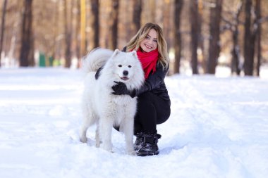 Güzel genç kız ile kar üzerinde kış ormandaki Samoyed köpek