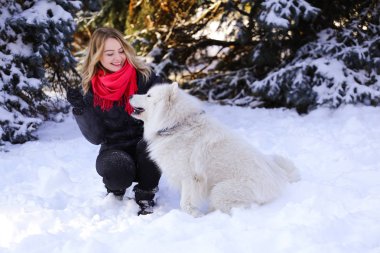 Güzel genç kız ile kar üzerinde kış ormandaki Samoyed köpek