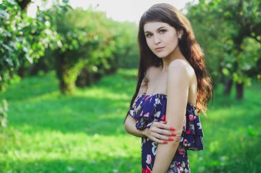 Yaz parkta yeşil çim zemin üzerinde mavi bir elbise genç güzel esmer kız