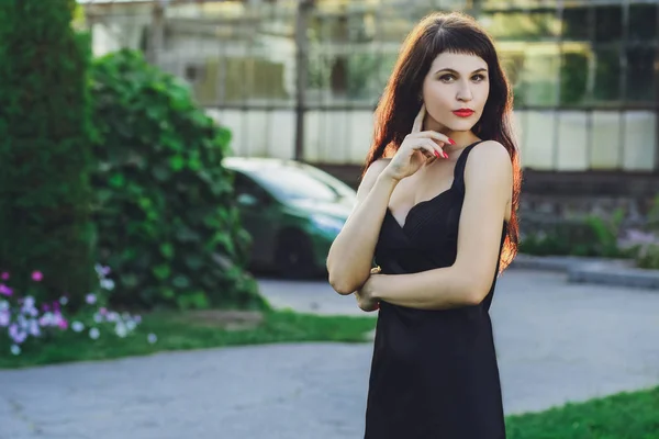 Joven Chica Morena Hermosa Vestido Negro Parque Verano Fondo Hierba — Foto de Stock