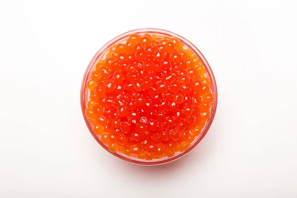 Caviar Vermelho Tigela Vidro Isolado Fundo Branco — Fotografia de Stock