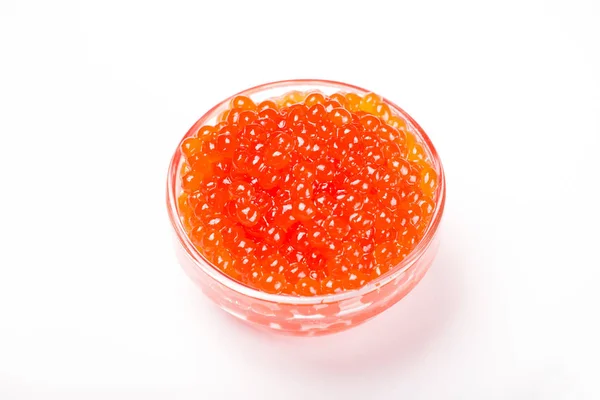 Caviar Vermelho Tigela Vidro Isolado Fundo Branco — Fotografia de Stock