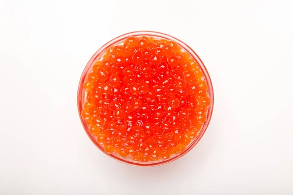 Caviar Vermelho Tigela Vidro Isolado Fundo Branco — Fotografia de Stock