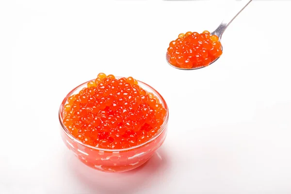 Red Caviar Glass Bowl Spoon Isolated White Background — Stock Photo, Image