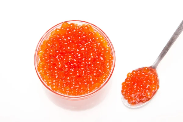 Caviar Vermelho Tigela Vidro Com Colher Isolada Fundo Branco — Fotografia de Stock