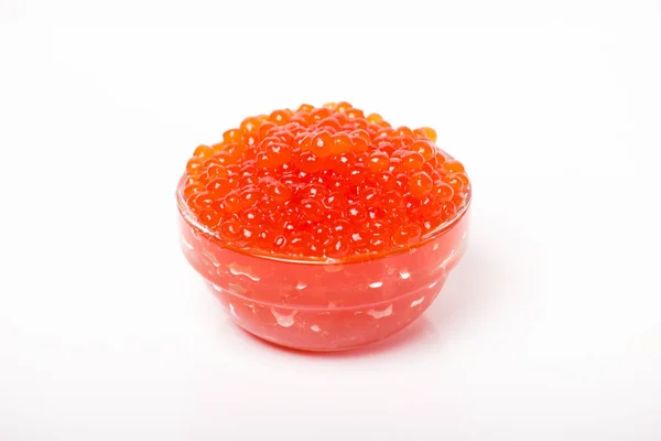 Caviar Vermelho Tigela Vidro Isolado Fundo Branco — Fotografia de Stock