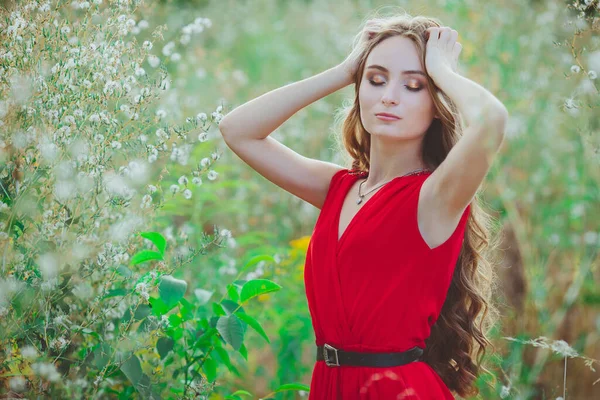 Retrato Una Joven Hermosa Con Vestido Rojo Campo Verano Aire —  Fotos de Stock