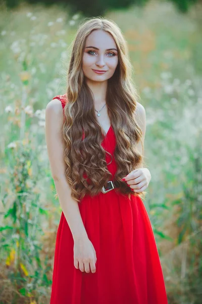 Portrait Young Beautiful Girl Red Dress Summer Field Outdoors — Stock Photo, Image
