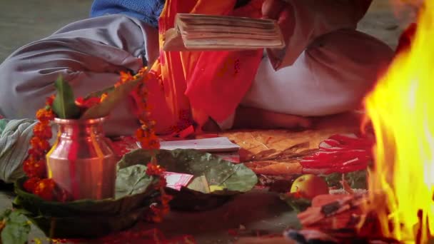 Brahman Hindú Reza Durante Puja Leyendo Mantra Para Boda Bardia — Vídeos de Stock