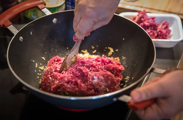 Close View Minced Meat Preparation Cooking Pan Lasagna Bolognese Ragu — Stock Photo, Image