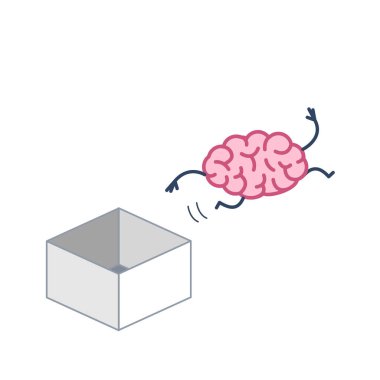 Beyin kutudan atlama beyaz zemin üzerine, sıradışı düşünme dışarı kutusunun, düz tasarım doğrusal Infographic simge vektör kavramı illüstrasyon izole  