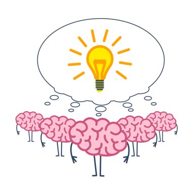 Beyin takımı konuşma fikir ampul ile kabarcık izole üzerinde beyaz arka plan, takım çalışması ile güçlü fikir, düz tasarım doğrusal Infographic simgesi üzerinde vektör kavram çizim 