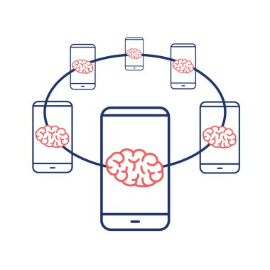 akıllı telefonlar ile bağlı beyin ağ beyaz arka plan üzerinde bağlı beyin, düz tasarım doğrusal Infographic simge vektör kavram çizim izole 