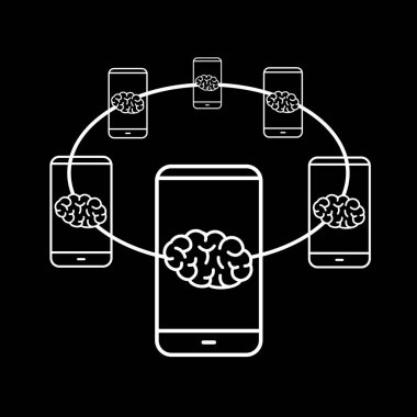 akıllı telefonlar üzerinde siyah arka plan, vektör kavram çizim bağlı beyin, düz tasarım doğrusal Infographic simgesi ile bağlı beyin ağ 