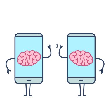 İki beyin smartphones içinde. Vektör kavram çizim modern teknoloji kafesli beyin