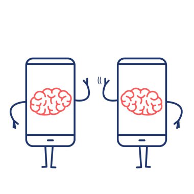 İki beyin smartphones içinde. Vektör kavram çizim modern teknoloji kafesli beyin