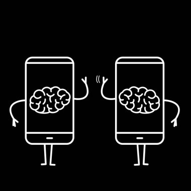 İki beyin smartphones içinde. Vektör kavram çizim modern teknoloji kafesli beyin