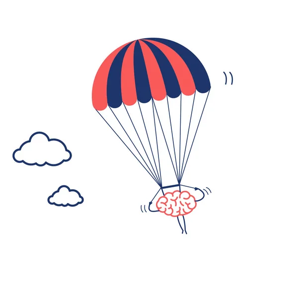 Cerveau Volant Sur Parachute Isolé Sur Fond Blanc Illustration Concept — Image vectorielle