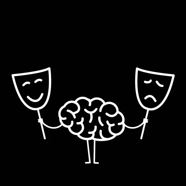 Cerveau Avec Masque Heureux Triste Sur Fond Noir Illustration Vectorielle — Image vectorielle