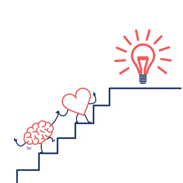 Cooperação Cardíaca Trabalho Equipe Com Cérebro Nas Escadas Para Objetivo — Vetor de Stock