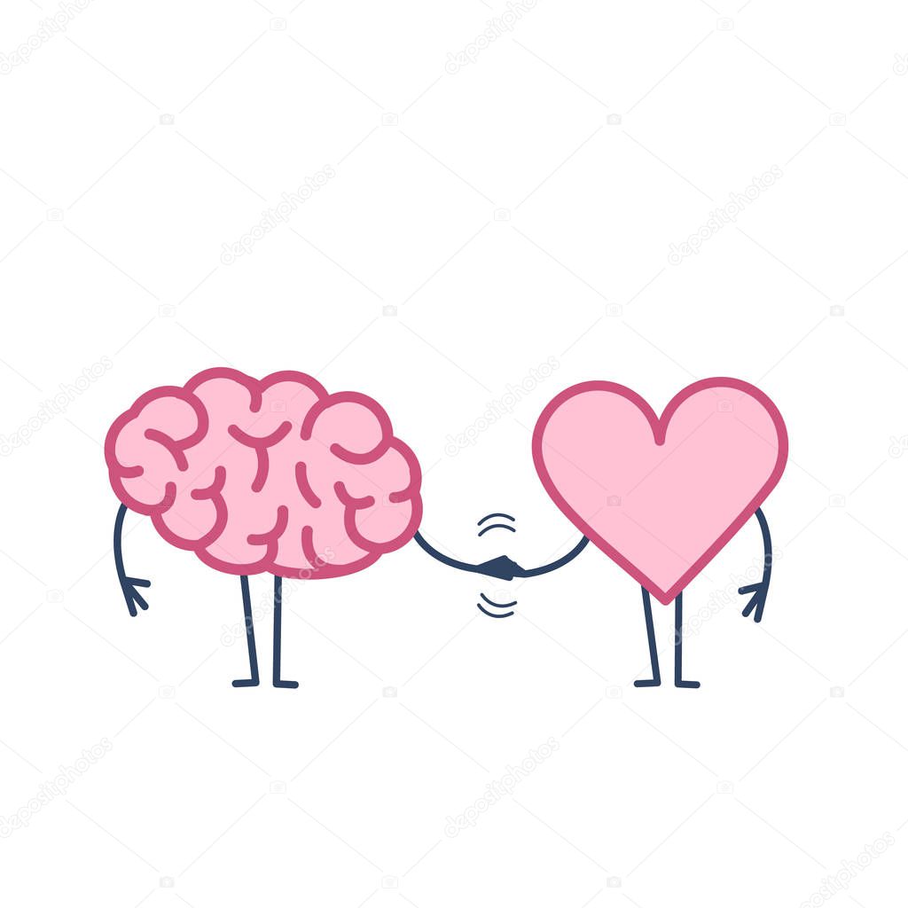 Brain and heart handshaking isolated on white background, Vector concept illustration of teamwork between mind and feelings, flat design linear infographic icon 