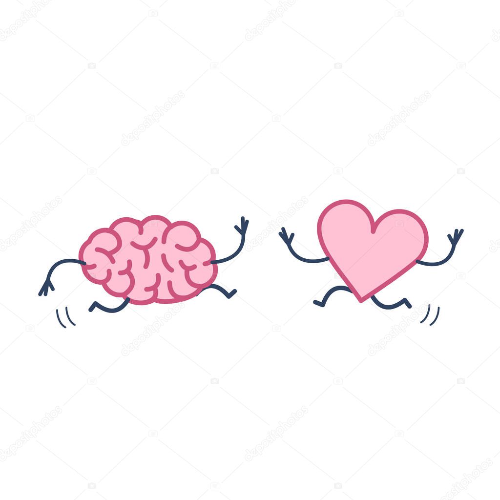 Brain and heart in love running together isolated on white background, Vector concept illustration of mind and feelings cooperation and teamwork, flat design linear infographic icon 