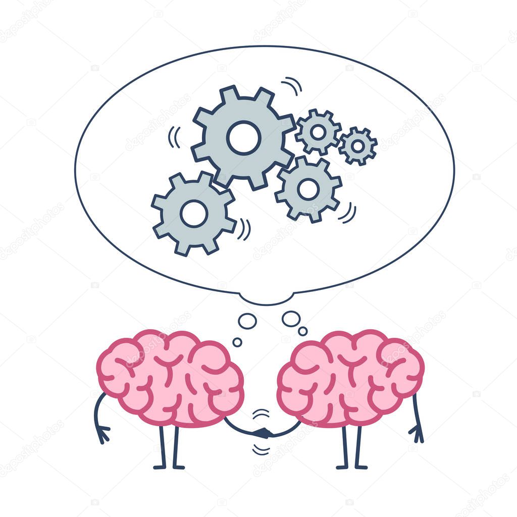 Two brains handshaking with moving gears in bubble isolated on white background, Vector concept illustration of teamwork , flat design linear infographic 