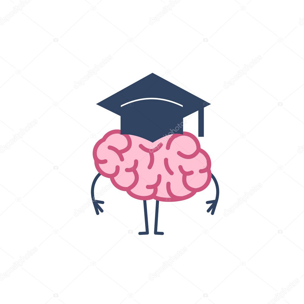 Brain in academic cap isolated on white background, Vector concept illustration of smart brain and great mind, flat design linear infographic icon 