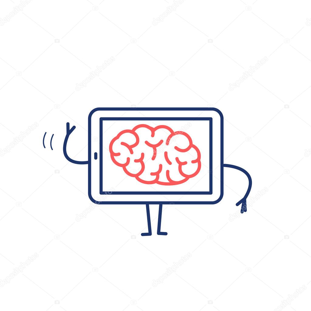 Brain in tablet isolated on white background,  Vector concept illustration of mind inside technology, flat design linear infographic icon 