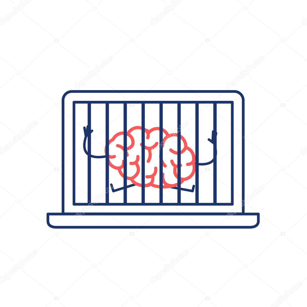 Brain imprisoned in laptop isolated on white background, Vector concept illustration of mind trapped inside computer, flat design linear infographic icon 