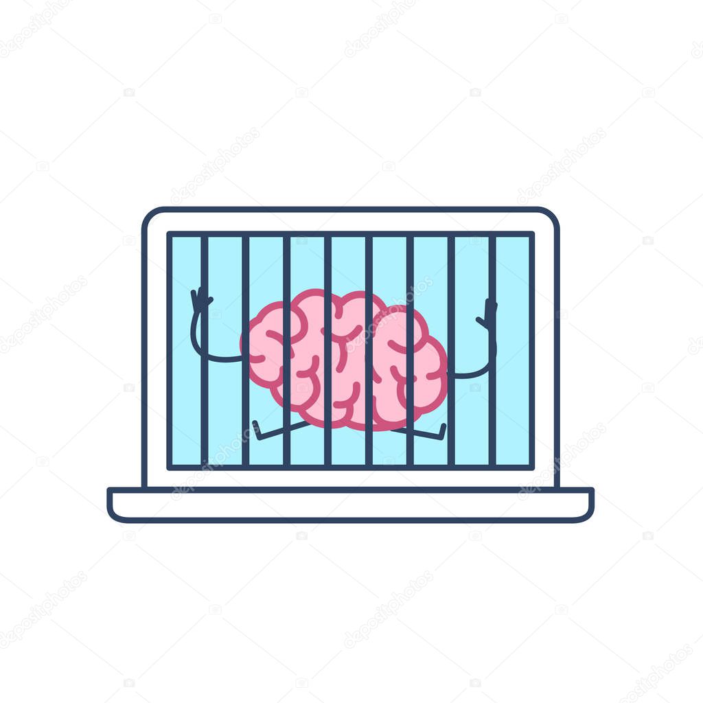 Brain imprisoned in laptop isolated on white background, Vector concept illustration of mind trapped inside computer, flat design linear infographic icon 