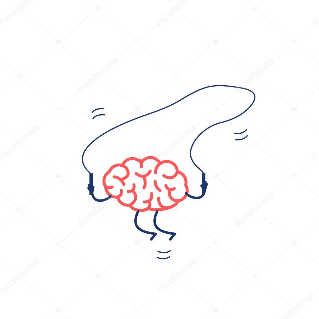 Brain jumping over skipping rope isolated on white background , Vector concept illustration of happy brain and peaceful mind, flat design linear infographic icon 