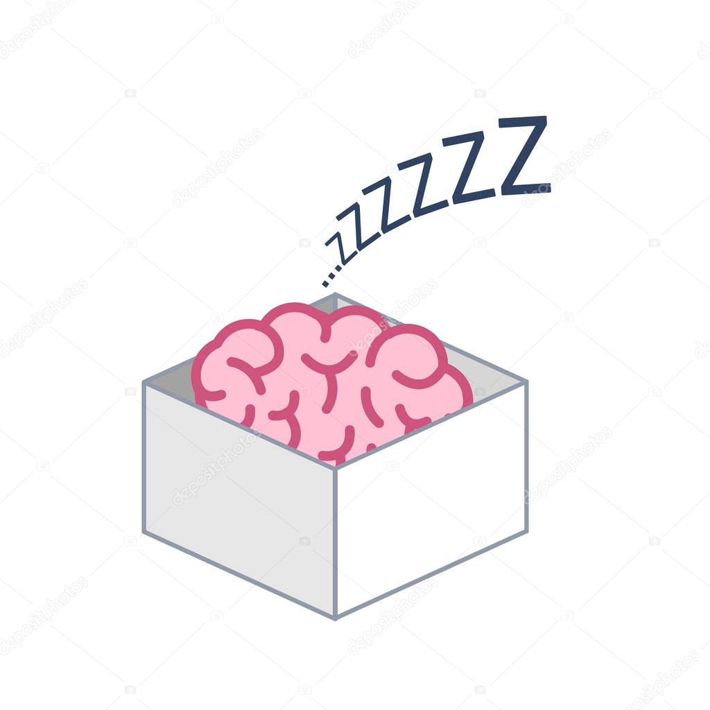 Brain sleeping in box isolated on white background, Vector concept illustration of inactive passive mind, flat design linear infographic icon 