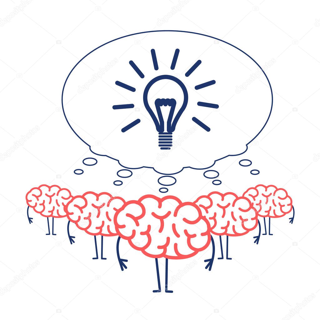 Brain team with idea bulb in speech bubble isolated on white background, Vector concept illustration of teamwork with on strong idea, flat design linear infographic icon 