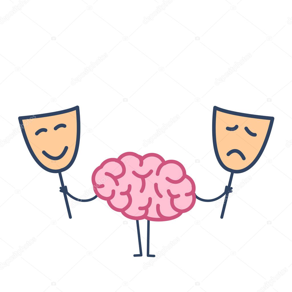 Brain with happy and sad mask isolated on white background, Vector concept illustration of brain deciding which mask to choose, flat design linear infographic icon 