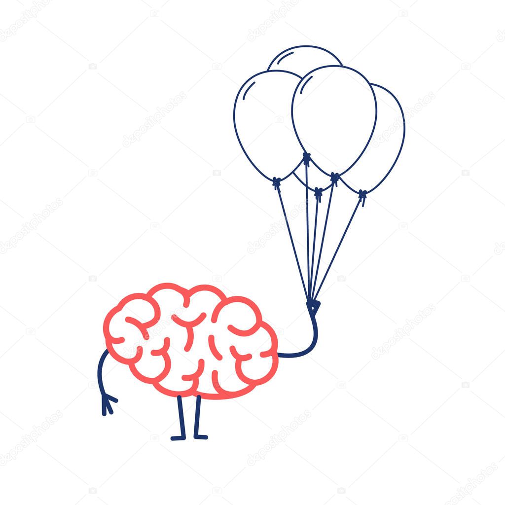 Brain with inflatable balloons isolated on white background, Vector concept of creative free mind, flat design linear infographic icon 