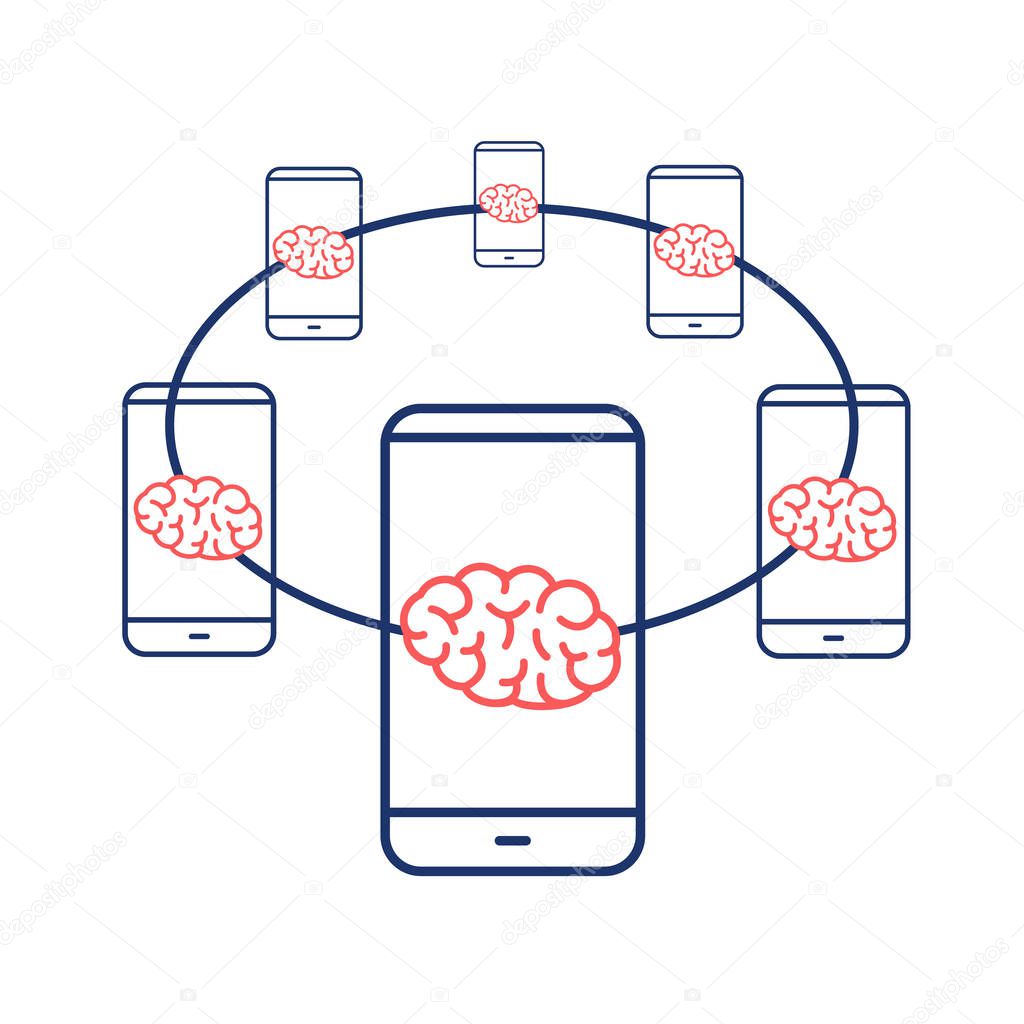 brain network connected with smartphones isolated on white background, Vector concept illustration of Connected brains, flat design linear infographic icon 