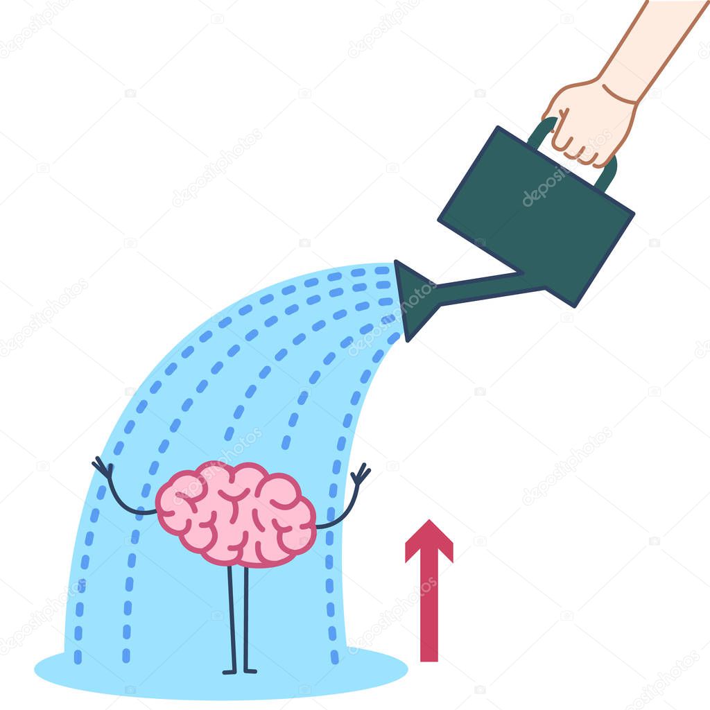  hand watering mind with can isolated on white background, Vector concept illustration of Brain growing up, flat design linear infographic icon 