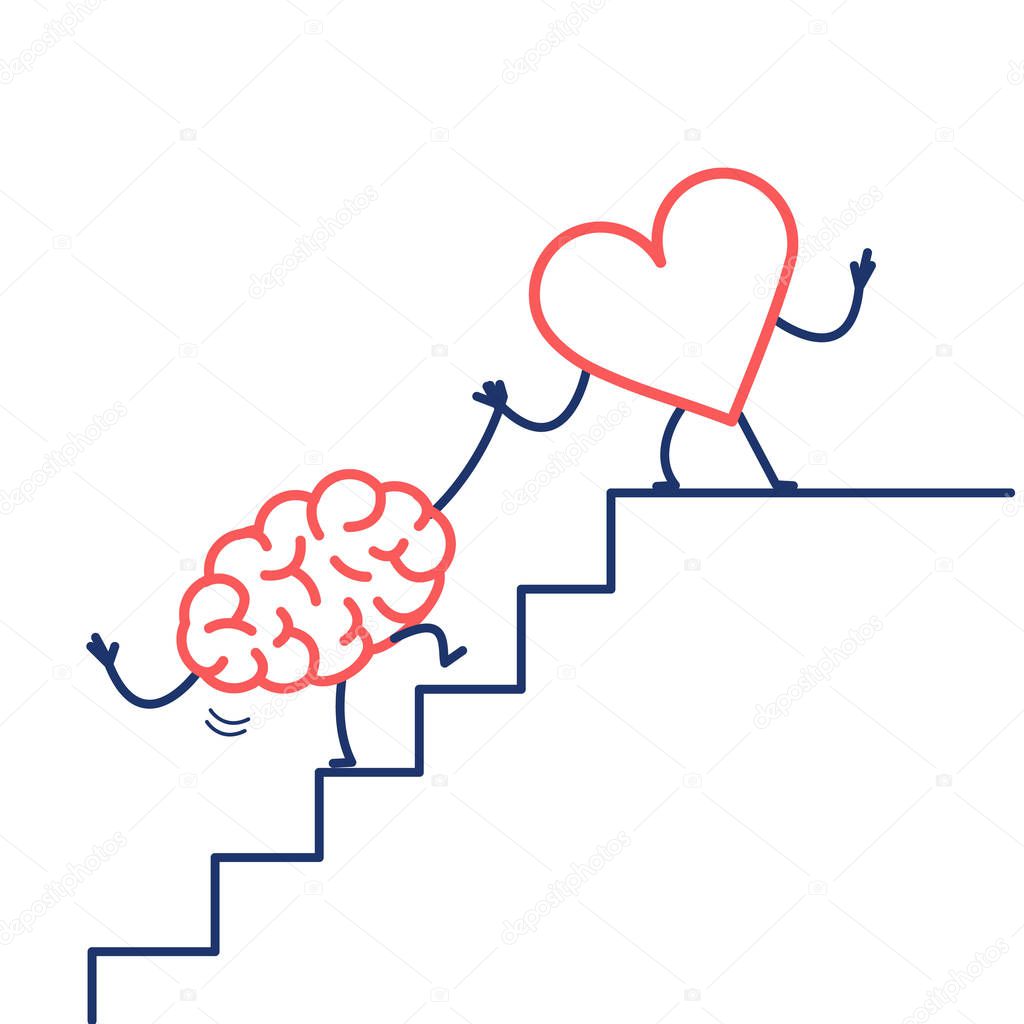 heart helping brain on stairs to success while holding hand isolated on white background,  Vector concept illustration of heart cooperation with brain to goal, flat design linear infographic icon 