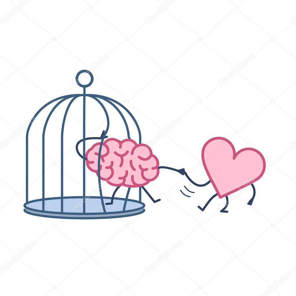 heart helping brain to escape from cage isolated on white background, Vector concept illustration of feelings support escaping imprisoned mind, flat design linear infographic icon  
