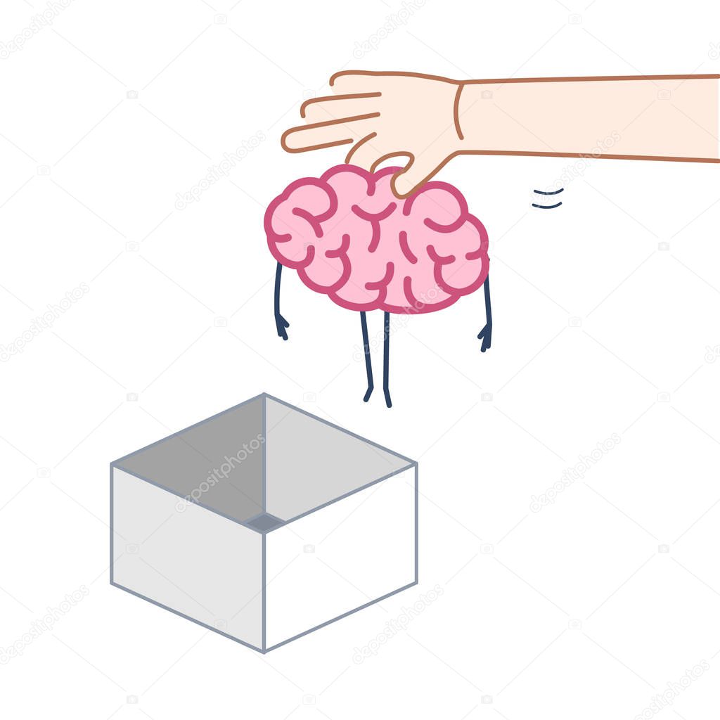 Hand putting brain out of the box isolated on white background, Vector concept illustration of unconventional thinking out of the box, flat design linear infographic icon  
