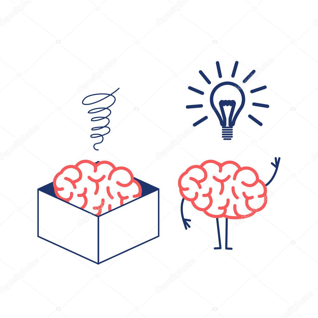 brain in box and out of box with new idea isolated on white background, Vector concept illustration of thinking out of the box