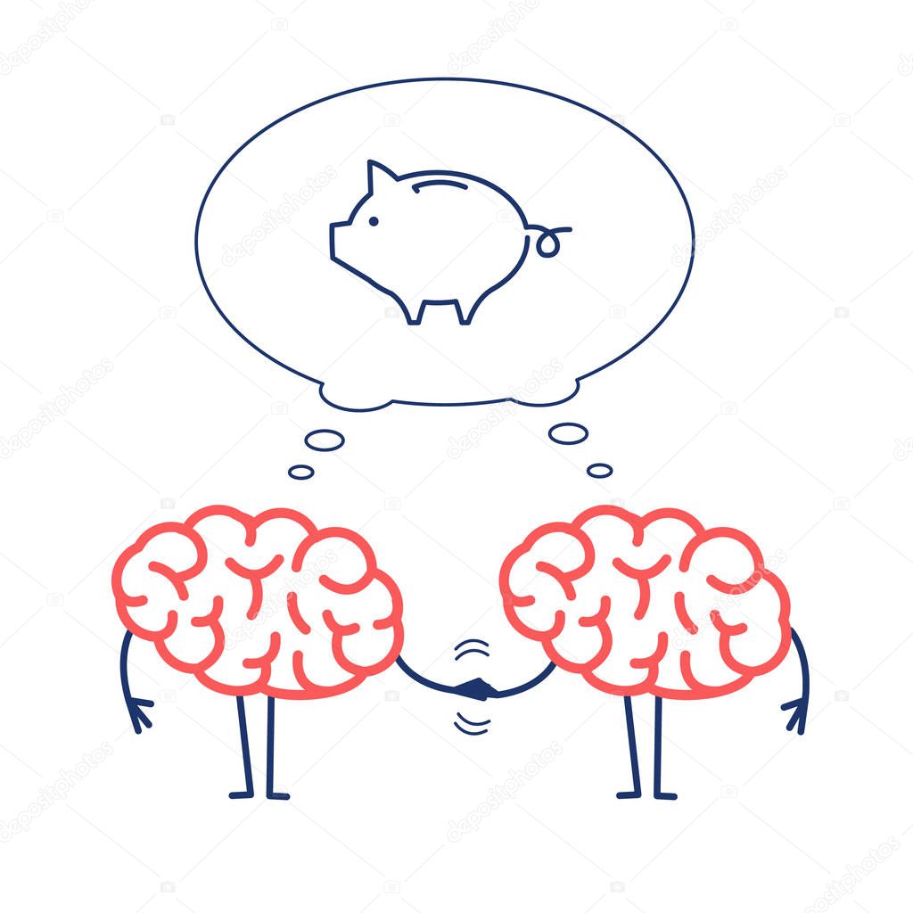Two brains handshaking with piggybank in bubble. Vector concept illustration of business cooperation 
