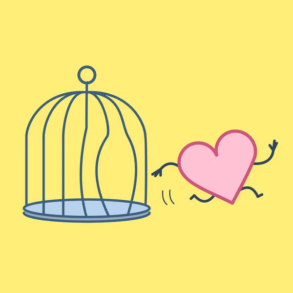 Corazón Escapando Jaula Pájaro Sobre Fondo Amarillo — Vector de stock